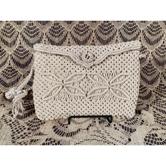 Vintage 50s Macrame Purse 1950s Ivory Off White Boho Retro 1950s Summer Bag - Picture 1 of 4